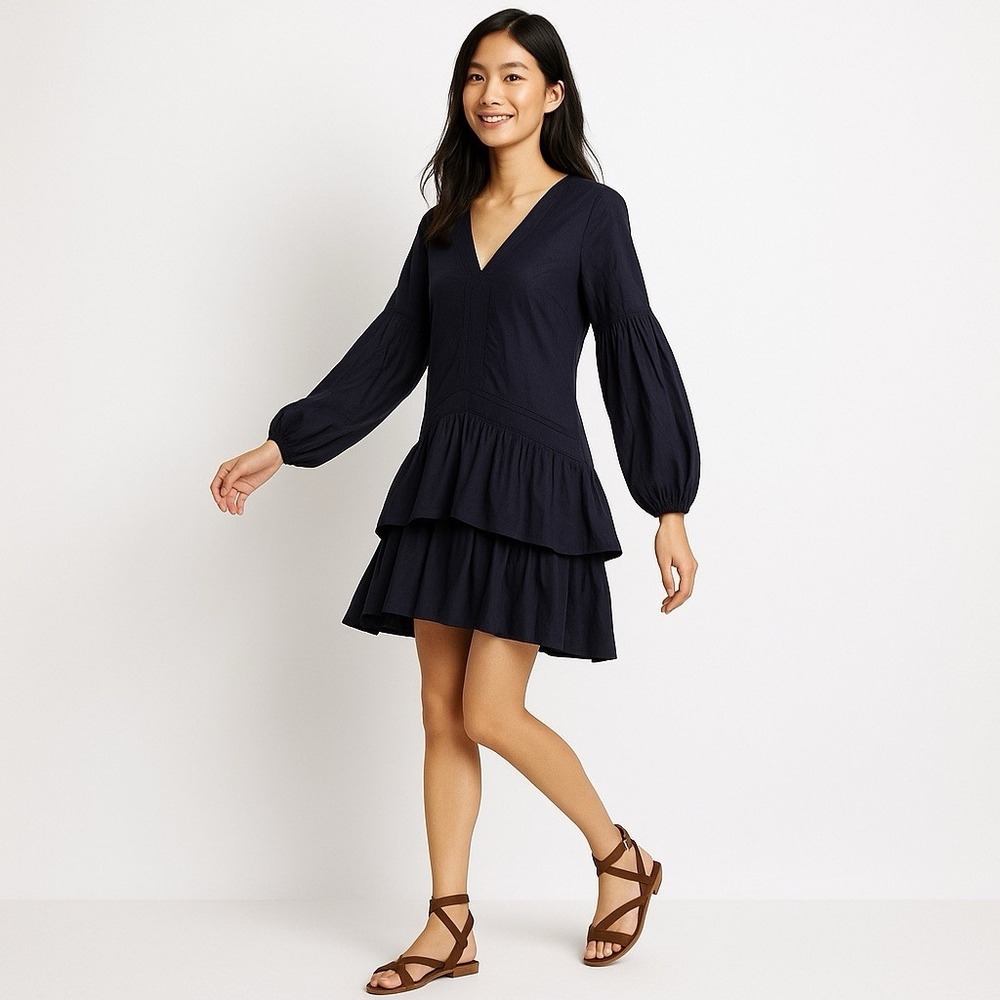Ulla Johnson Sz 4 Jaclyn Midnight Blue Ruffle Dress Long Sleeved Party Feminine